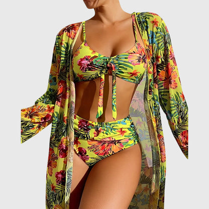 Conjunto Bikini 3 Piezas Estampado Tropical con Kimono