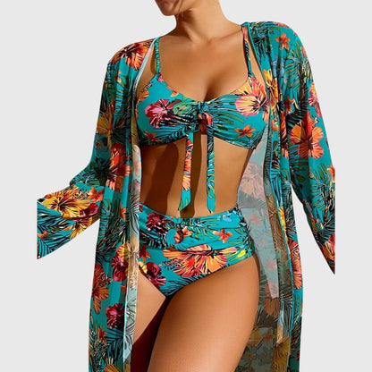Conjunto Bikini 3 Piezas Estampado Tropical con Kimono