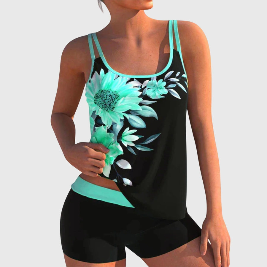 Flor – Tankini estampado de flores con pantalón corto, efecto vientre plano