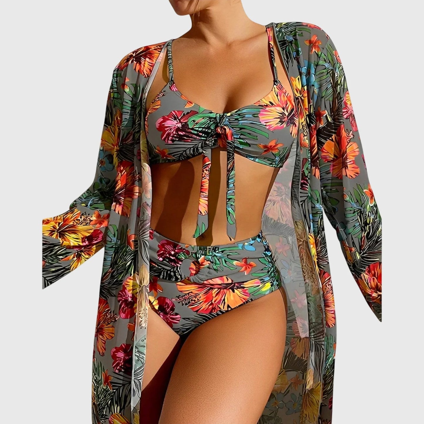 Conjunto Bikini 3 Piezas Estampado Tropical con Kimono
