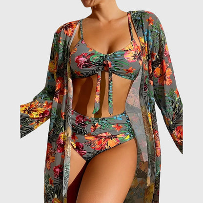 Conjunto Bikini 3 Piezas Estampado Tropical con Kimono
