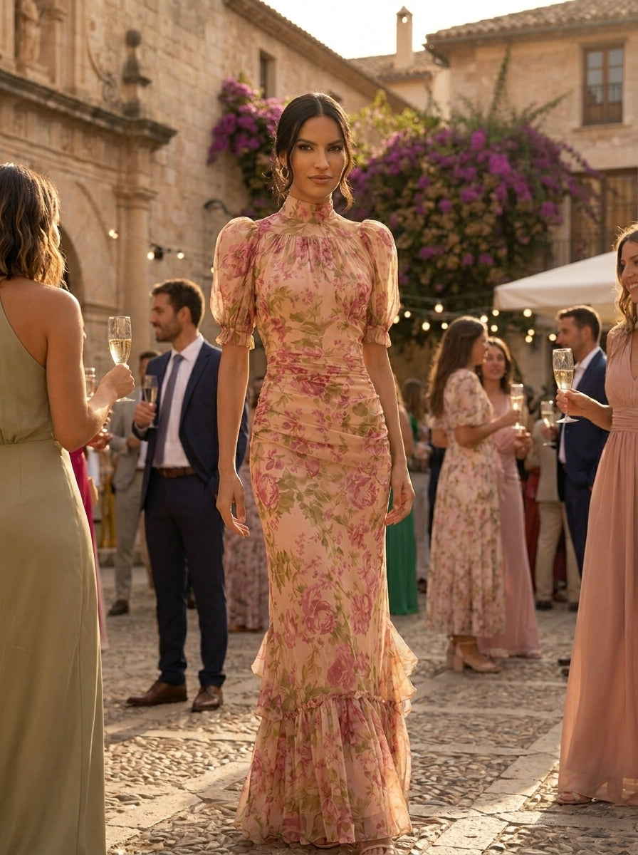 Vestido largo floral cuello alto con volantes