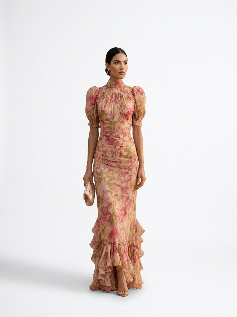 Vestido Largo Floral Rosa con Volantes Elegantes