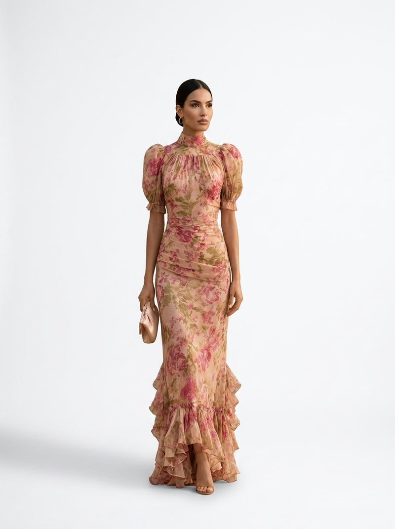 Vestido Largo Floral Rosa con Volantes Elegantes