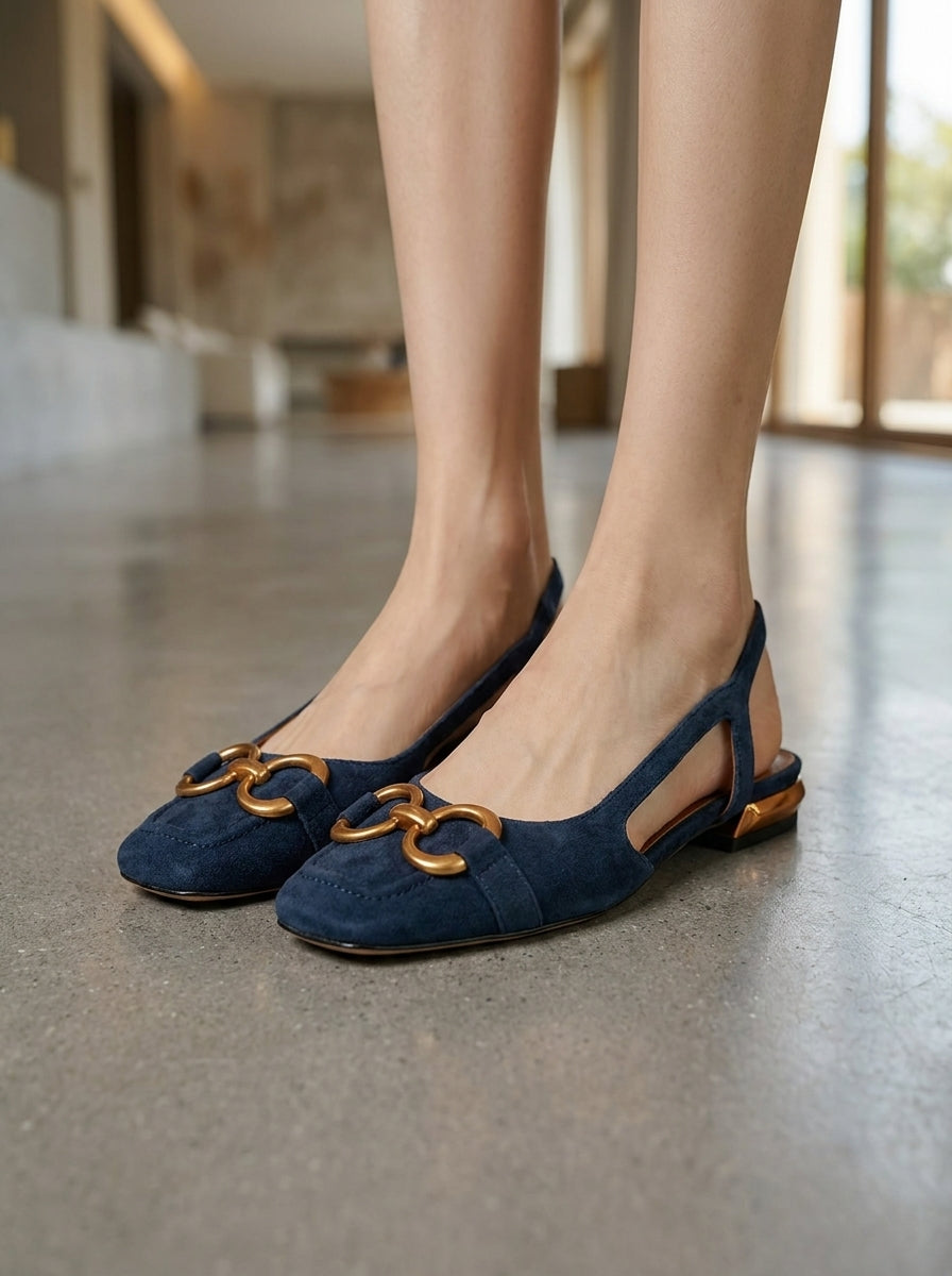 Bailarinas Azul Marino con Detalle Dorado