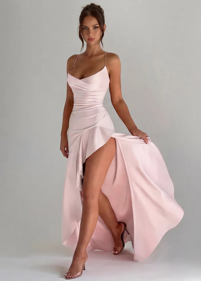 Vestido Largo Satén Drapeado con Abertura