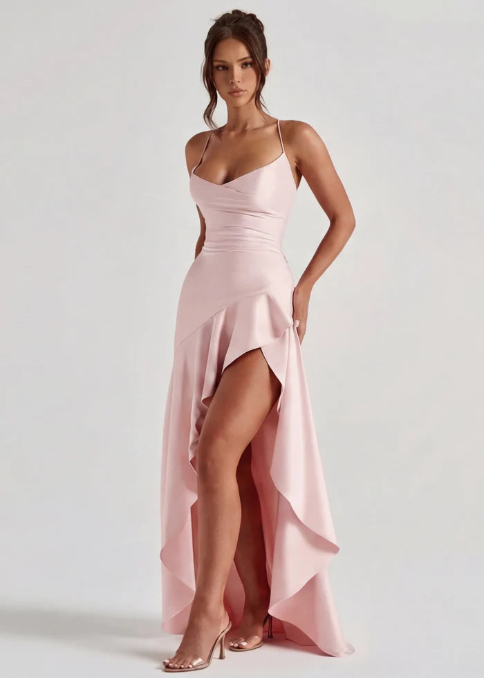 Vestido Largo Satén Drapeado con Abertura