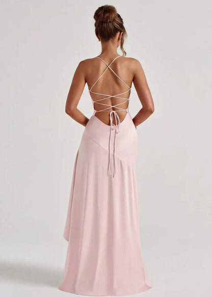 Vestido Largo Satén Drapeado con Abertura