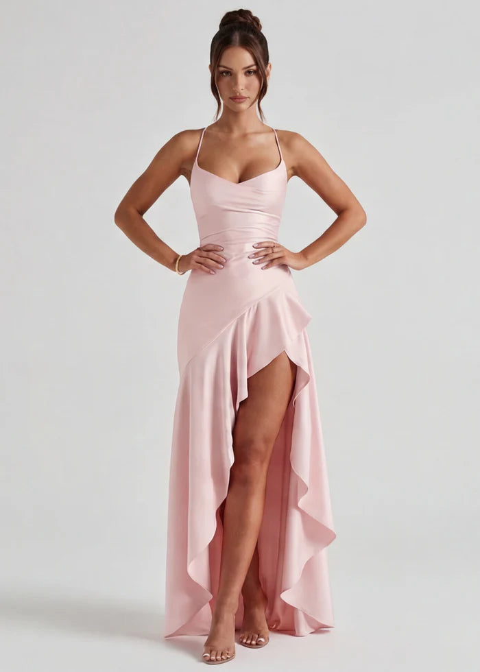 Vestido Largo Satén Drapeado con Abertura