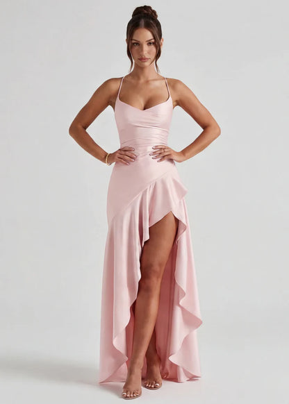 Vestido Largo Satén Drapeado con Abertura