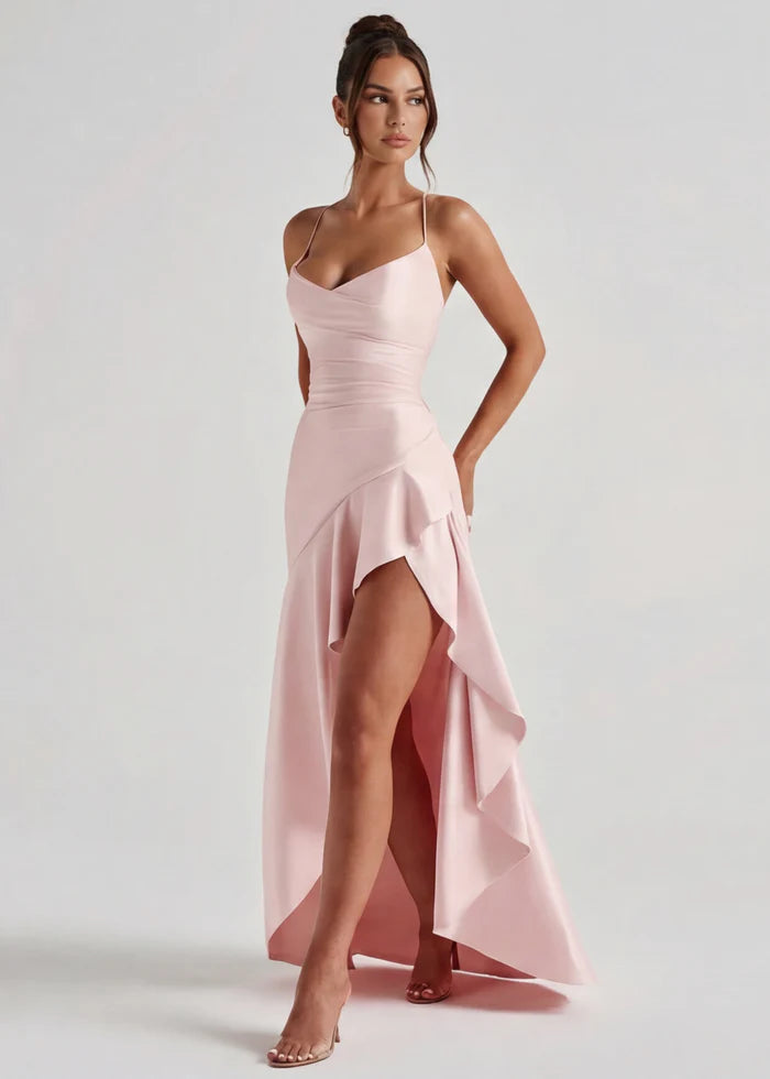 Vestido Largo Satén Drapeado con Abertura