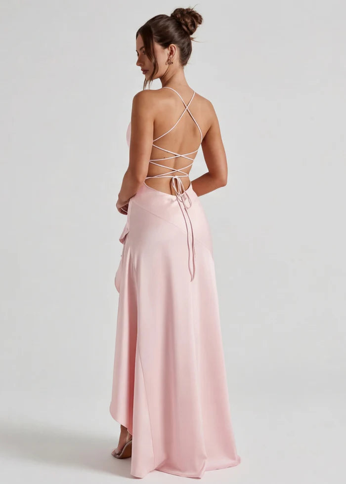 Vestido Largo Satén Drapeado con Abertura