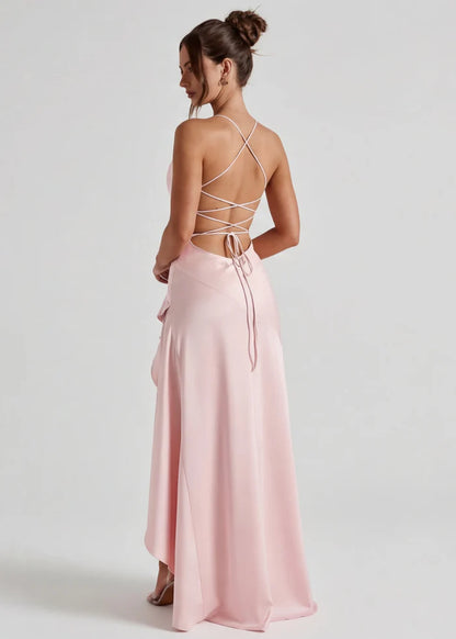 Vestido Largo Satén Drapeado con Abertura