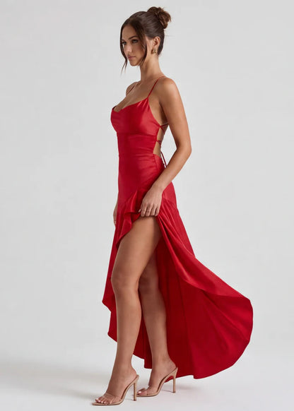Vestido Largo Satén Drapeado con Abertura