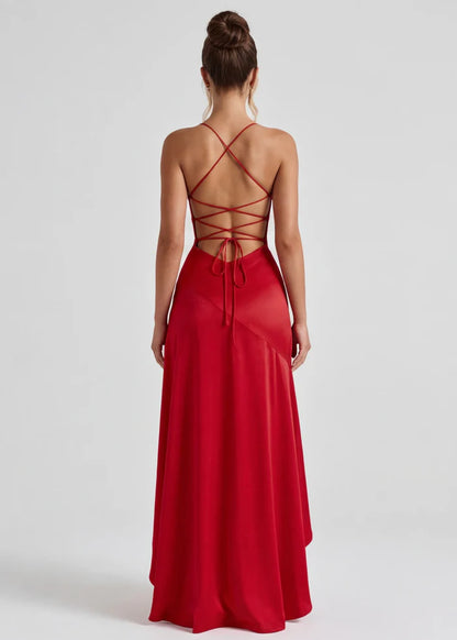 Vestido Largo Satén Drapeado con Abertura