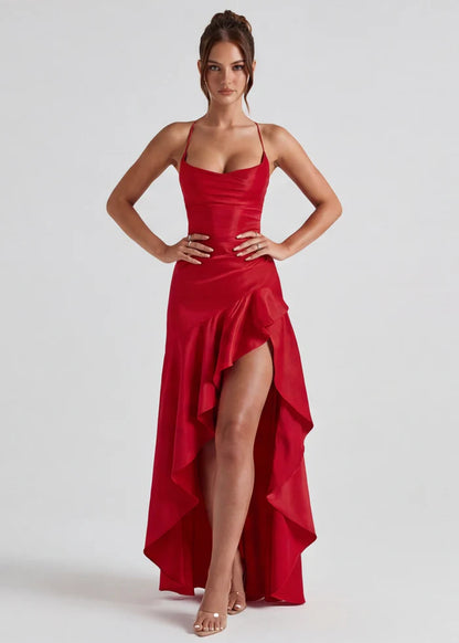 Vestido Largo Satén Drapeado con Abertura