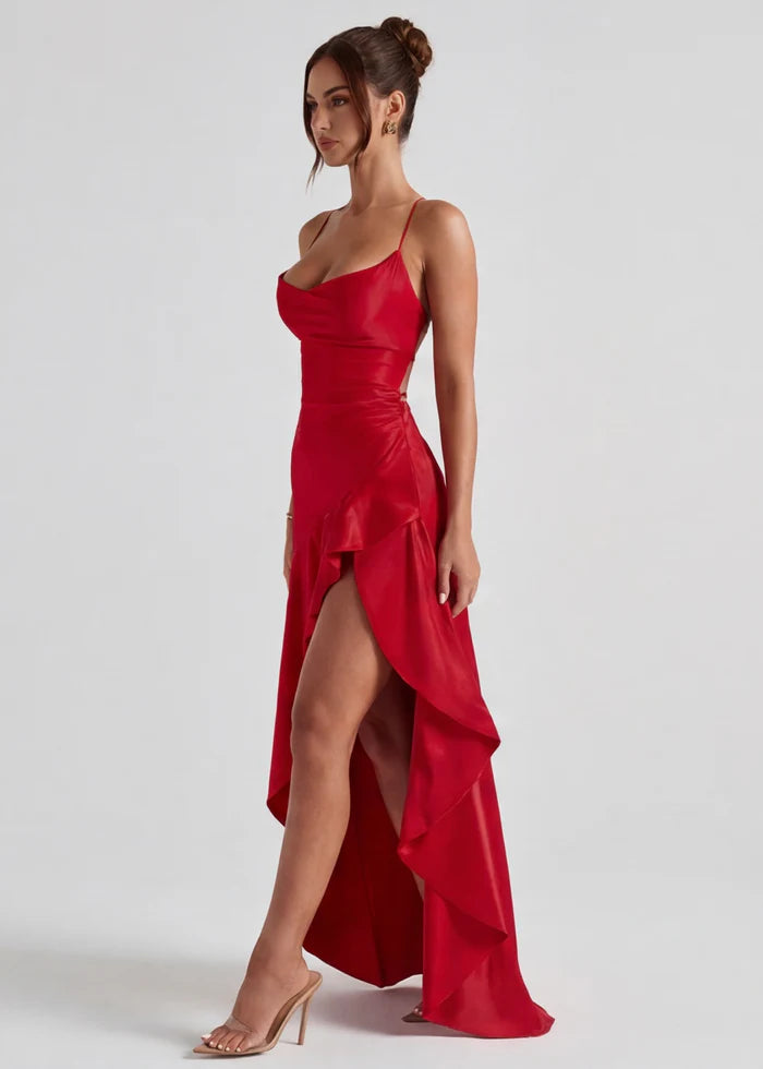 Vestido Largo Satén Drapeado con Abertura
