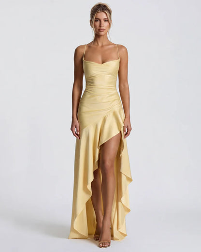 Vestido Largo Satén Drapeado con Abertura