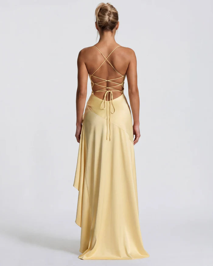 Vestido Largo Satén Drapeado con Abertura