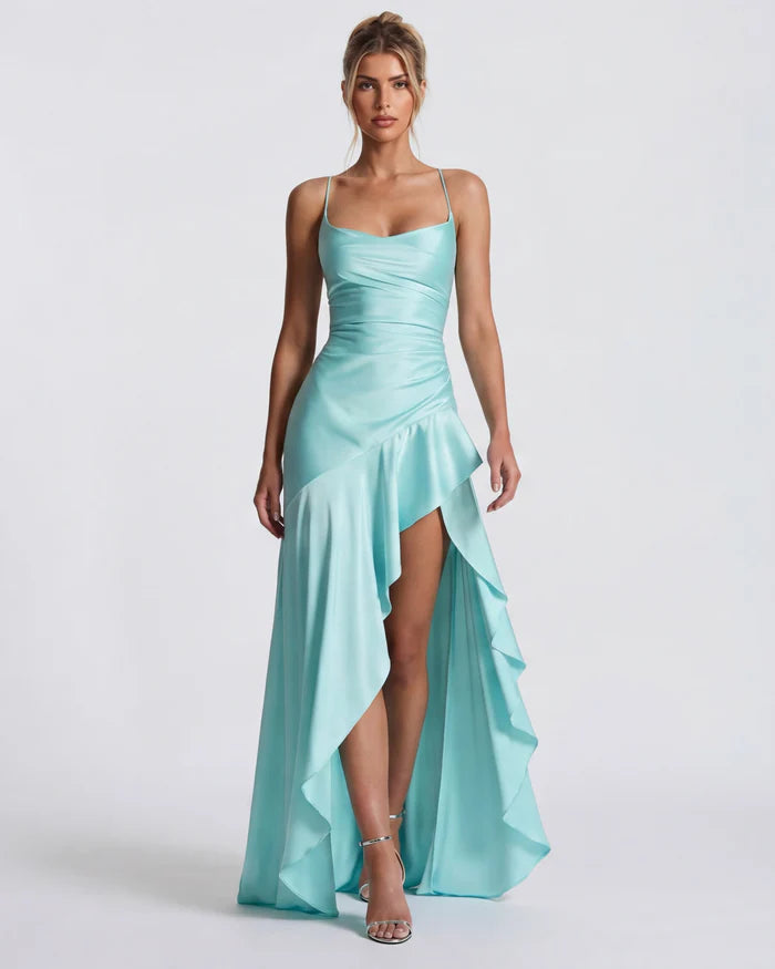 Vestido Largo Satén Drapeado con Abertura