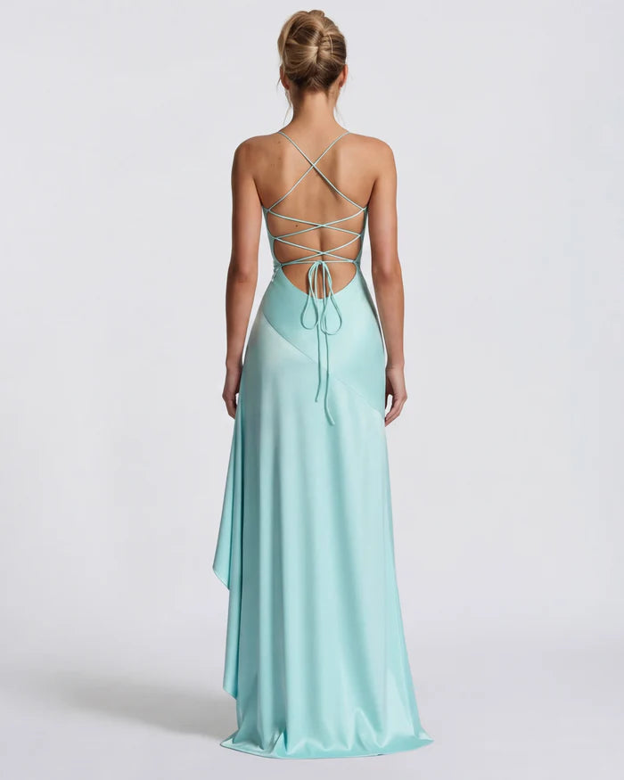 Vestido Largo Satén Drapeado con Abertura