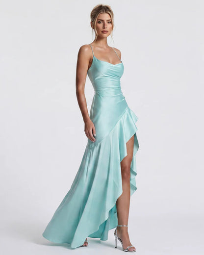 Vestido Largo Satén Drapeado con Abertura