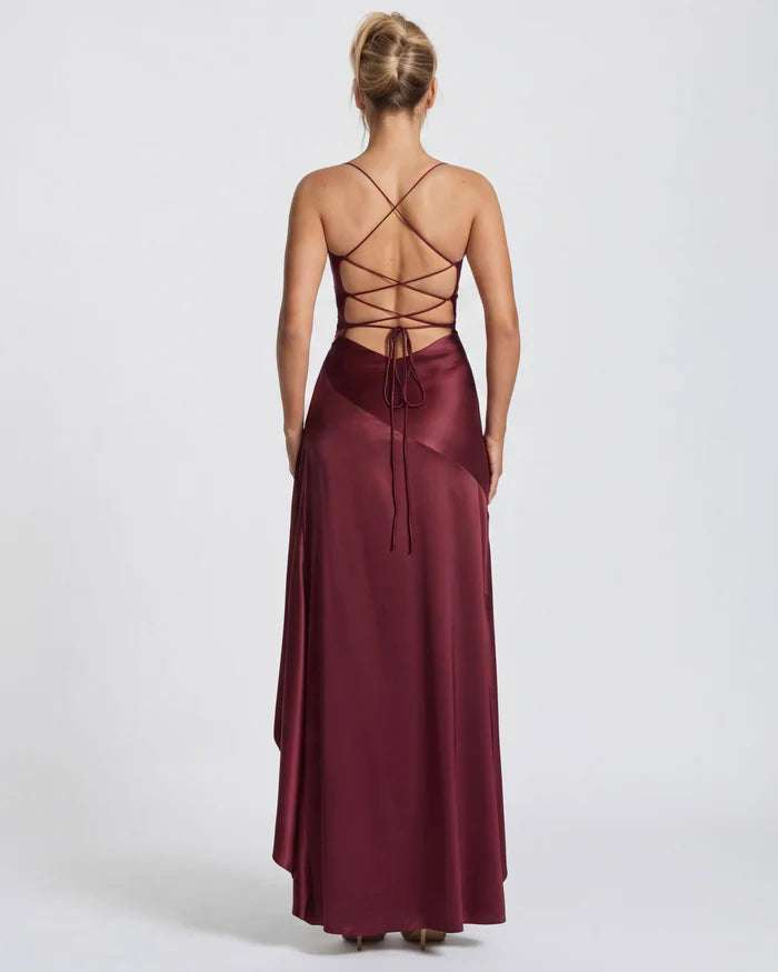 Vestido Largo Satén Drapeado con Abertura