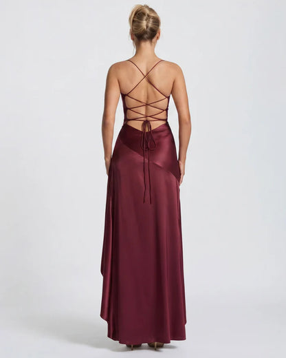 Vestido Largo Satén Drapeado con Abertura