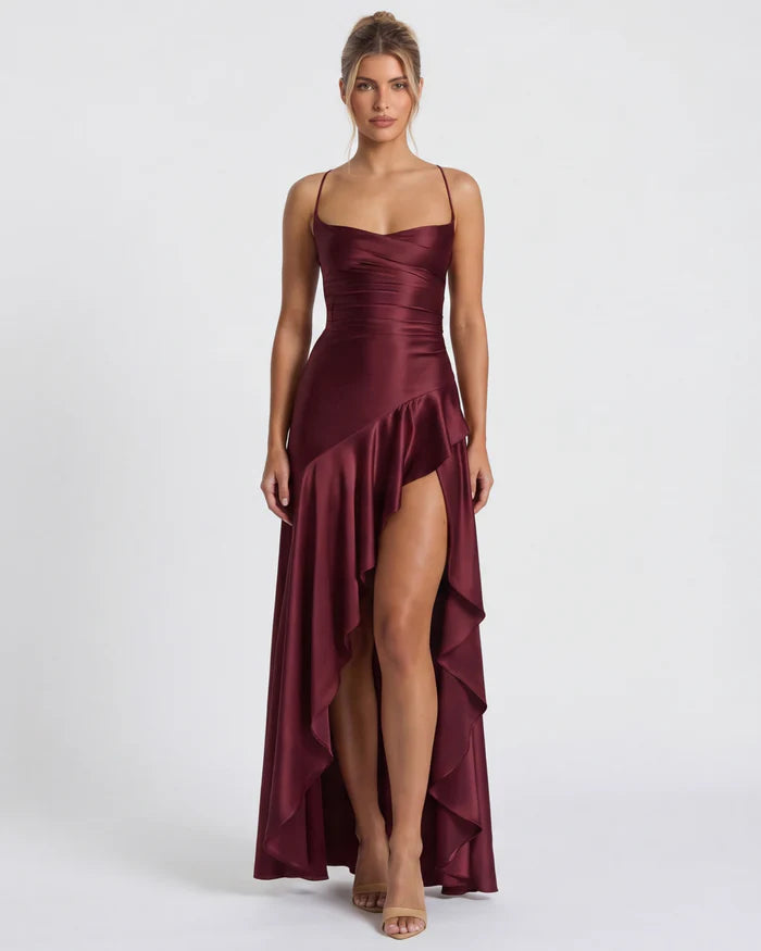 Vestido Largo Satén Drapeado con Abertura