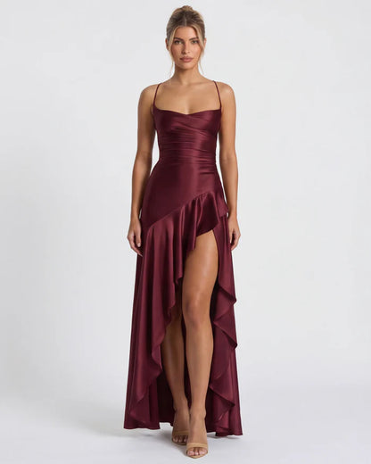Vestido Largo Satén Drapeado con Abertura