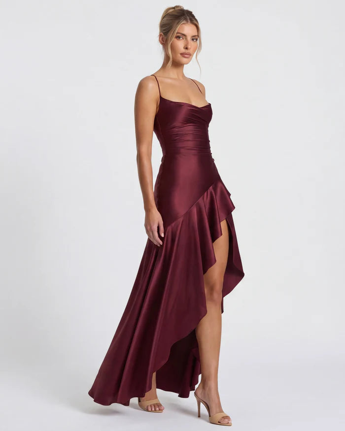 Vestido Largo Satén Drapeado con Abertura