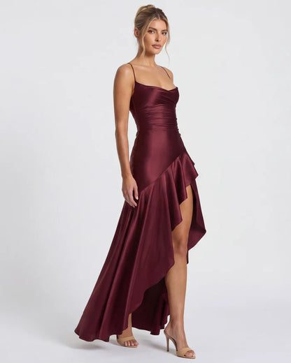 Vestido Largo Satén Drapeado con Abertura