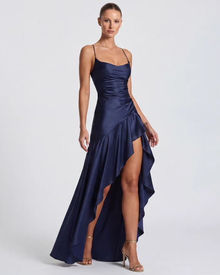 Vestido Largo Satén Drapeado con Abertura