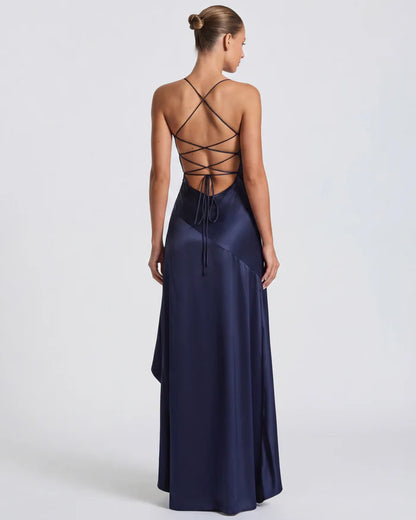 Vestido Largo Satén Drapeado con Abertura