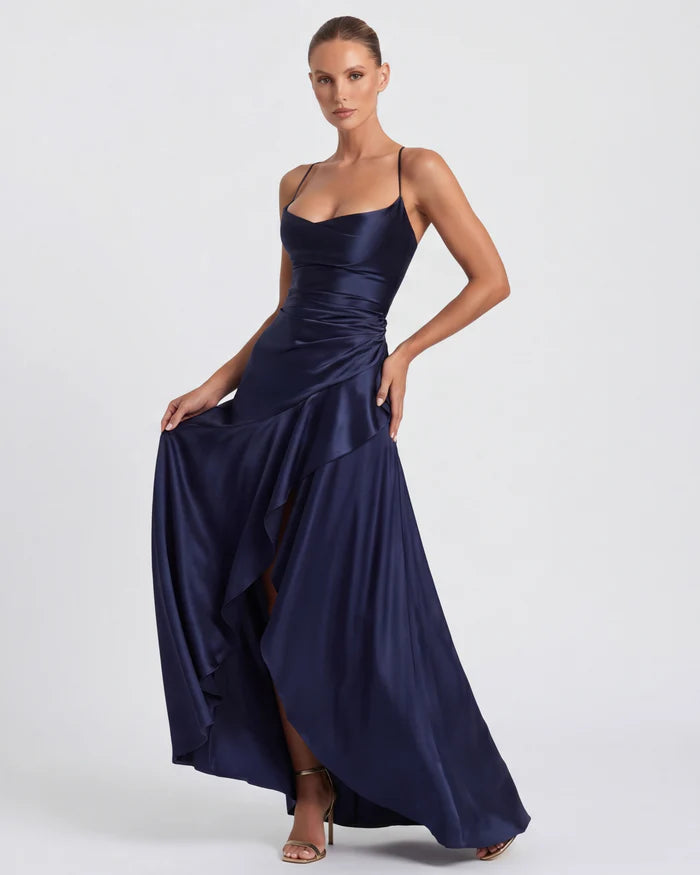 Vestido Largo Satén Drapeado con Abertura