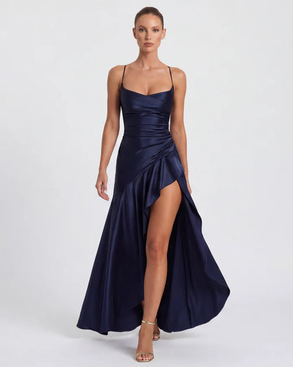 Vestido Largo Satén Drapeado con Abertura