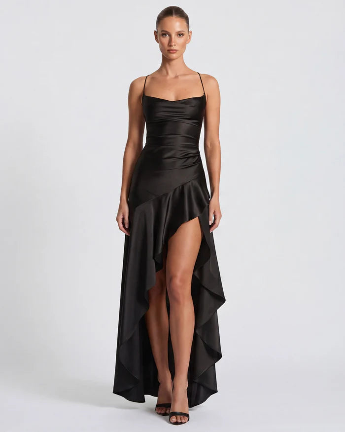 Vestido Largo Satén Drapeado con Abertura