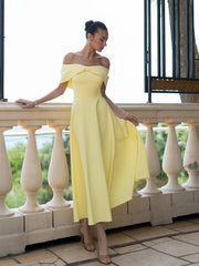 Vestido Amarillo Midi con Escote Bardot