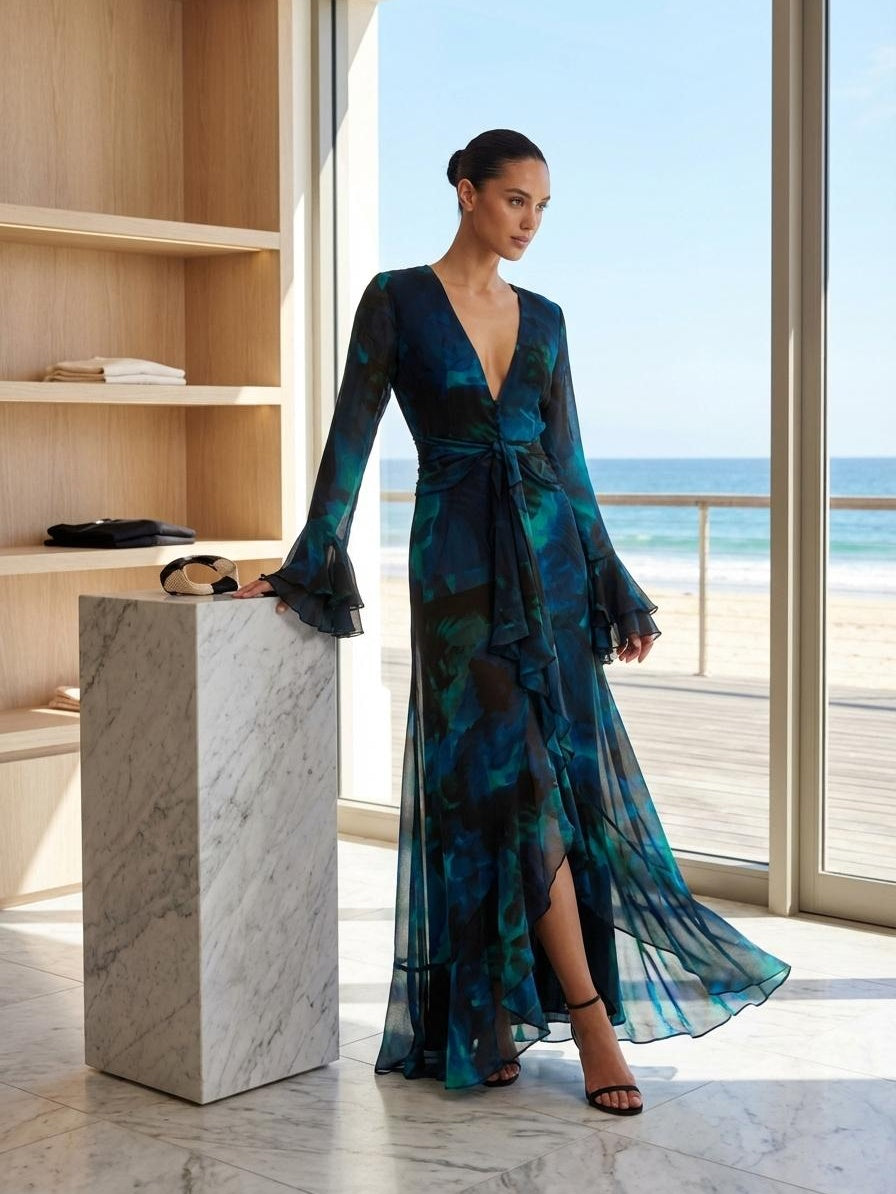 Vestido Largo Azul con Escote y Volantes